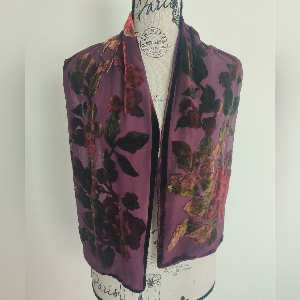 Purple semi-sheer scarf w/ velvet Colorful floral designs Whimsigoth Boho